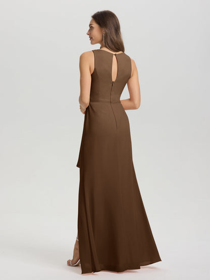 Boat Neck Sleeveless Ruffles Key Hole Back Chiffon Bridesmaid Dress
