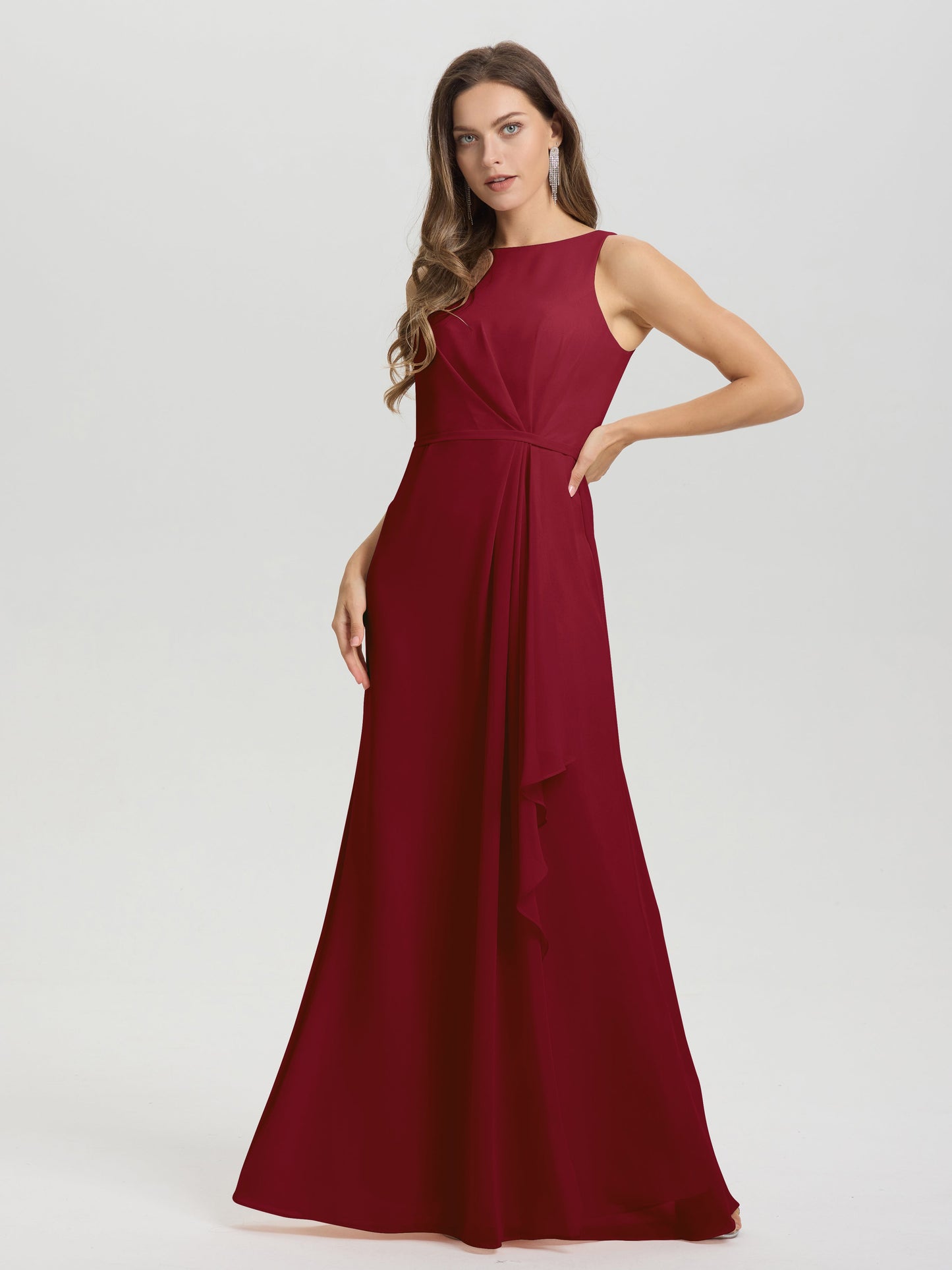 Boat Neck Sleeveless Ruffles Key Hole Back Chiffon Bridesmaid Dress