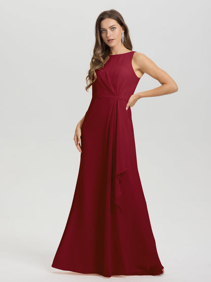 Boat Neck Sleeveless Ruffles Key Hole Back Chiffon Bridesmaid Dress