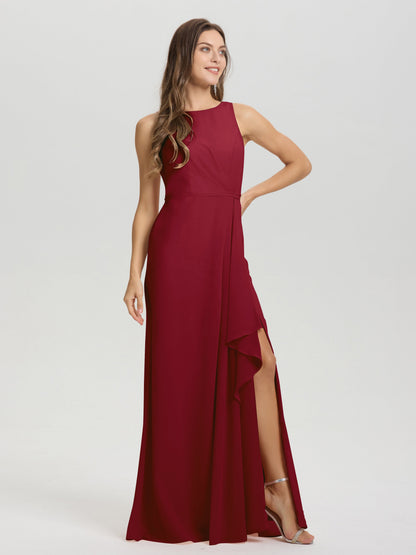 Boat Neck Sleeveless Ruffles Key Hole Back Chiffon Bridesmaid Dress