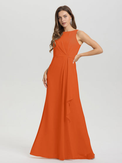 Boat Neck Sleeveless Ruffles Key Hole Back Chiffon Bridesmaid Dress