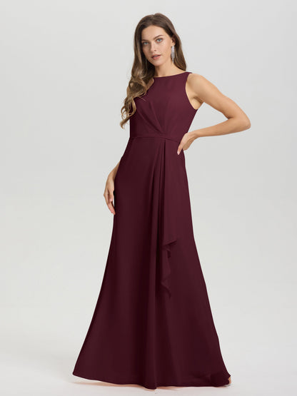Boat Neck Sleeveless Ruffles Key Hole Back Chiffon Bridesmaid Dress