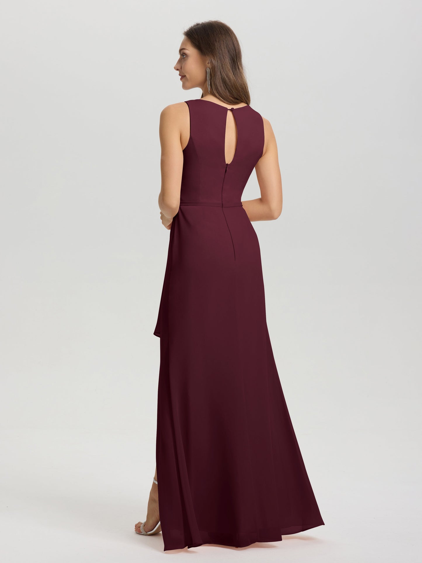 Boat Neck Sleeveless Ruffles Key Hole Back Chiffon Bridesmaid Dress