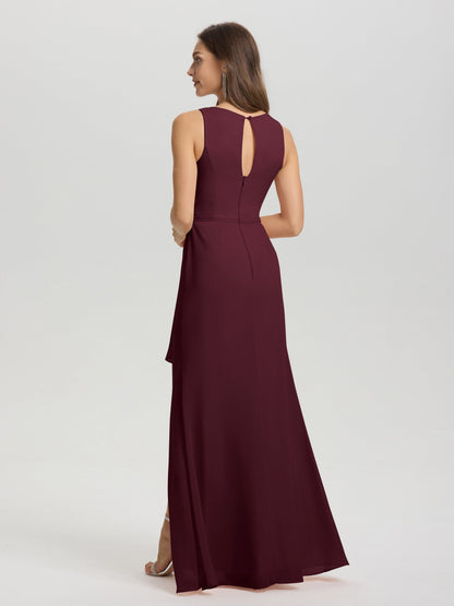 Boat Neck Sleeveless Ruffles Key Hole Back Chiffon Bridesmaid Dress