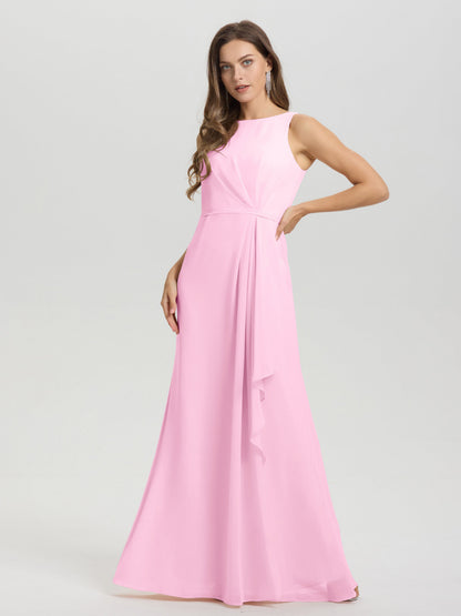 Boat Neck Sleeveless Ruffles Key Hole Back Chiffon Bridesmaid Dress