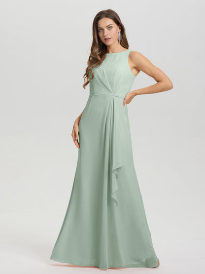 Boat Neck Sleeveless Ruffles Key Hole Back Chiffon Bridesmaid Dress