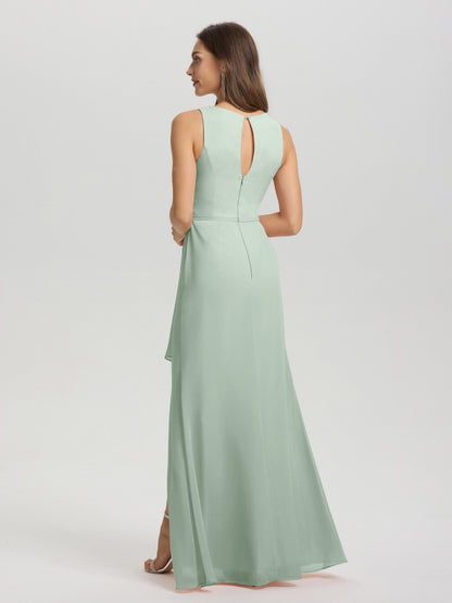 Boat Neck Sleeveless Ruffles Key Hole Back Chiffon Bridesmaid Dress