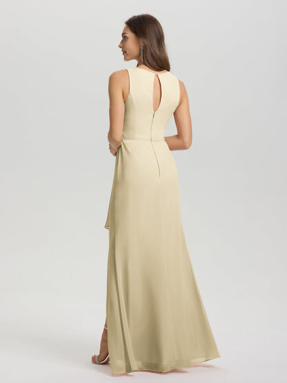 Boat Neck Sleeveless Ruffles Key Hole Back Chiffon Bridesmaid Dress