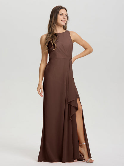 Boat Neck Sleeveless Ruffles Key Hole Back Chiffon Bridesmaid Dress