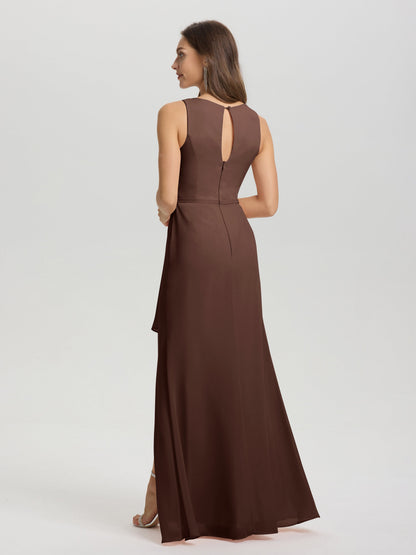 Boat Neck Sleeveless Ruffles Key Hole Back Chiffon Bridesmaid Dress