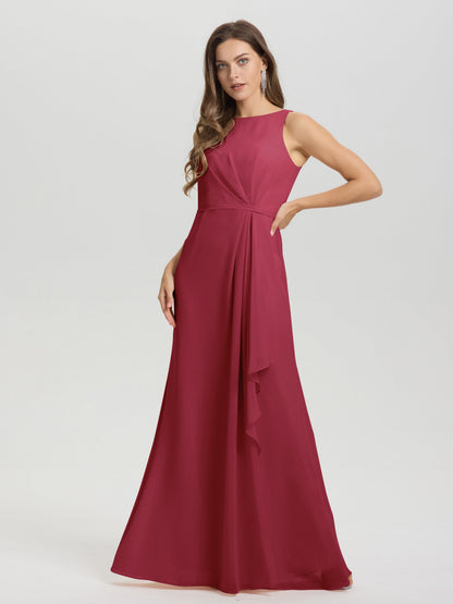 Boat Neck Sleeveless Ruffles Key Hole Back Chiffon Bridesmaid Dress