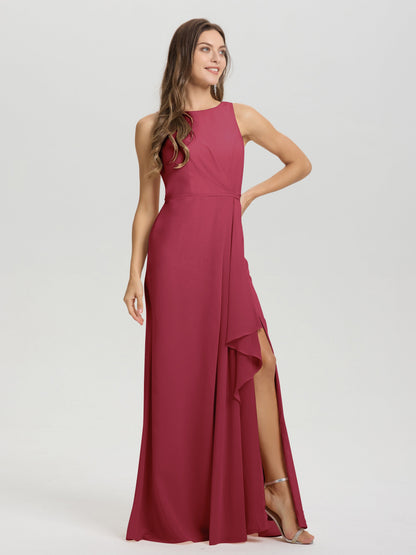 Boat Neck Sleeveless Ruffles Key Hole Back Chiffon Bridesmaid Dress