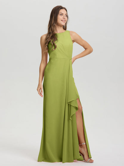 Boat Neck Sleeveless Ruffles Key Hole Back Chiffon Bridesmaid Dress