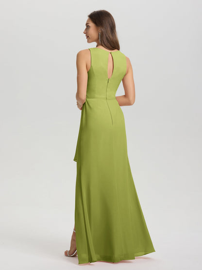 Boat Neck Sleeveless Ruffles Key Hole Back Chiffon Bridesmaid Dress