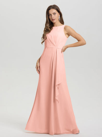 Boat Neck Sleeveless Ruffles Key Hole Back Chiffon Bridesmaid Dress