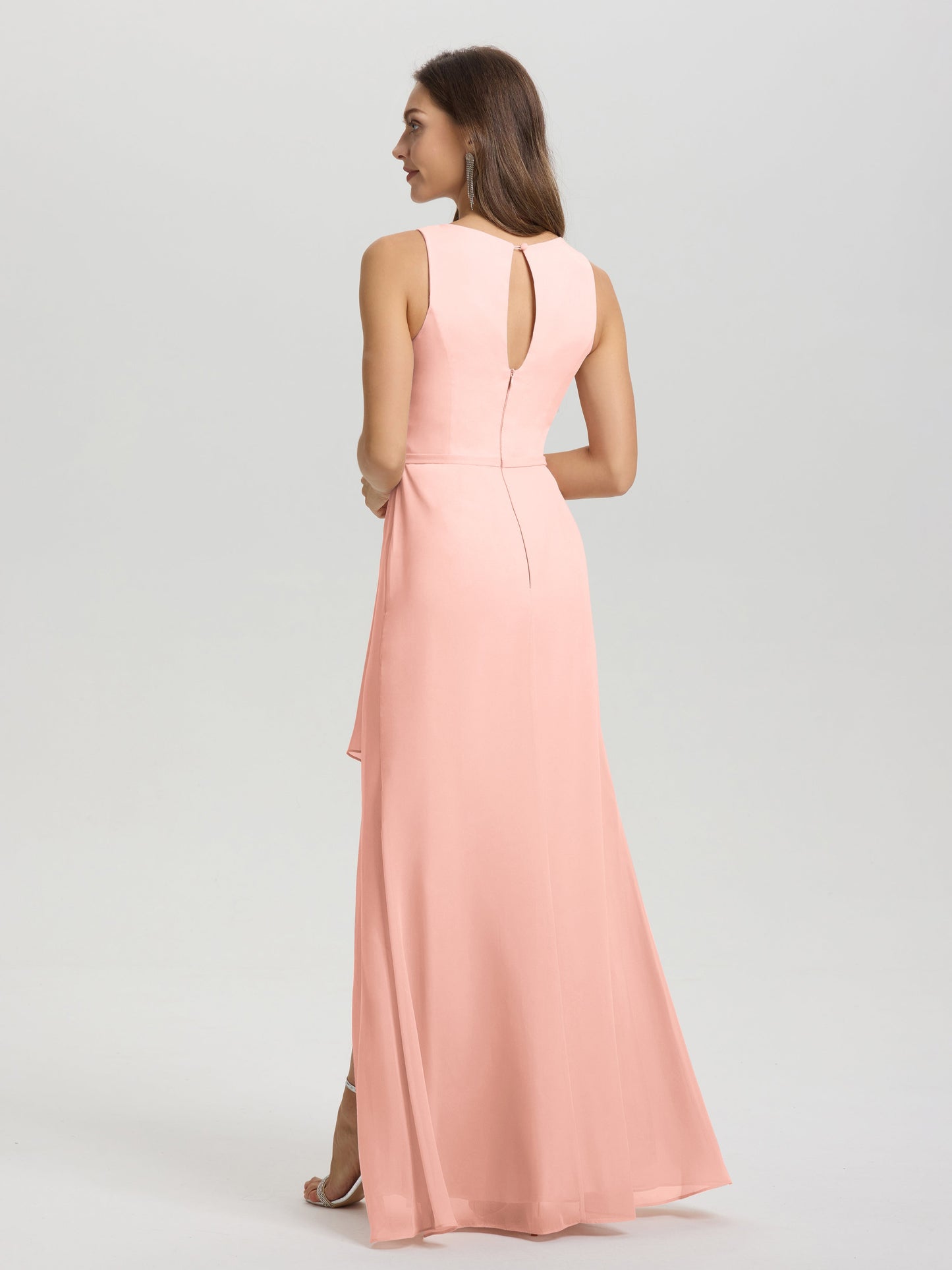 Boat Neck Sleeveless Ruffles Key Hole Back Chiffon Bridesmaid Dress