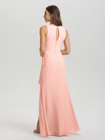 Boat Neck Sleeveless Ruffles Key Hole Back Chiffon Bridesmaid Dress