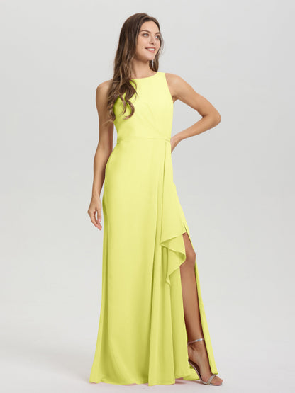 Boat Neck Sleeveless Ruffles Key Hole Back Chiffon Bridesmaid Dress