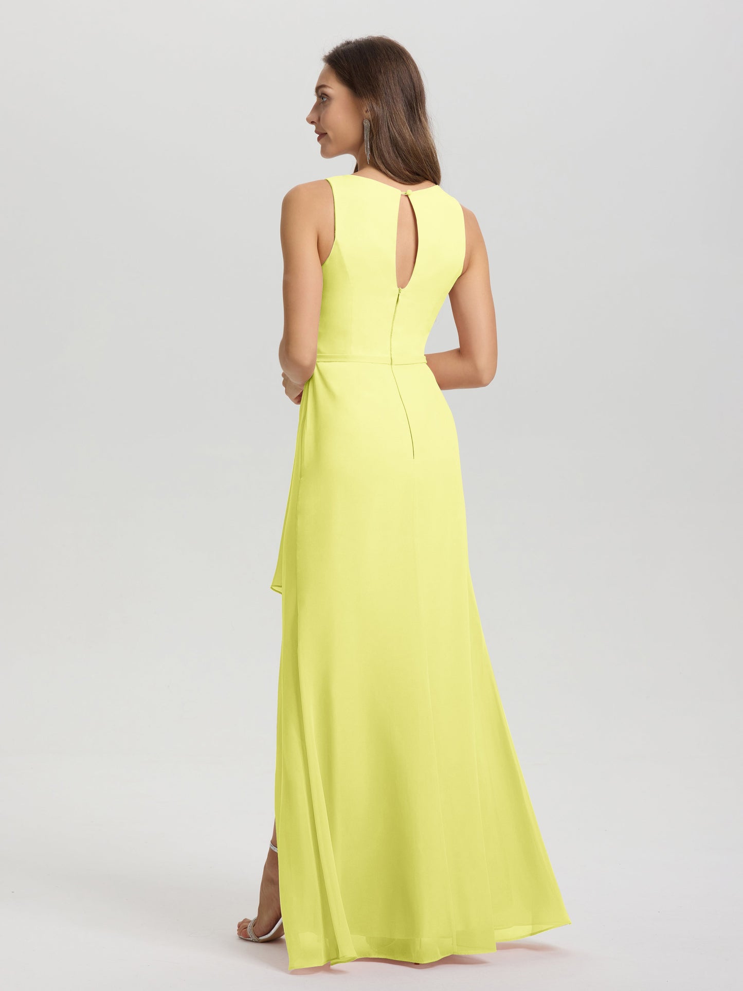 Boat Neck Sleeveless Ruffles Key Hole Back Chiffon Bridesmaid Dress