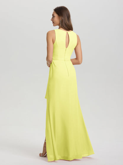 Boat Neck Sleeveless Ruffles Key Hole Back Chiffon Bridesmaid Dress