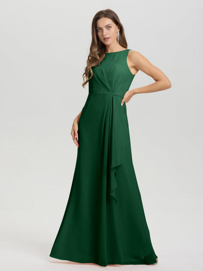 Boat Neck Sleeveless Ruffles Key Hole Back Chiffon Bridesmaid Dress