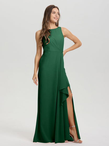 Boat Neck Sleeveless Ruffles Key Hole Back Chiffon Bridesmaid Dress