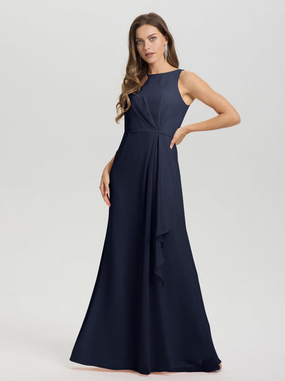 Boat Neck Sleeveless Ruffles Key Hole Back Chiffon Bridesmaid Dress