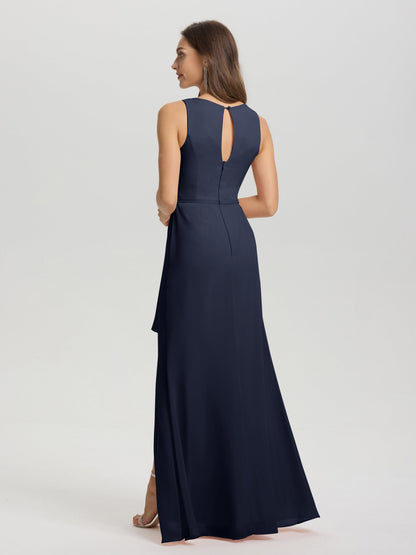 Boat Neck Sleeveless Ruffles Key Hole Back Chiffon Bridesmaid Dress