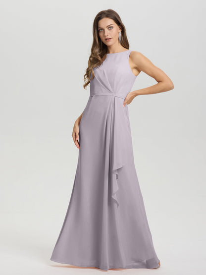 Boat Neck Sleeveless Ruffles Key Hole Back Chiffon Bridesmaid Dress