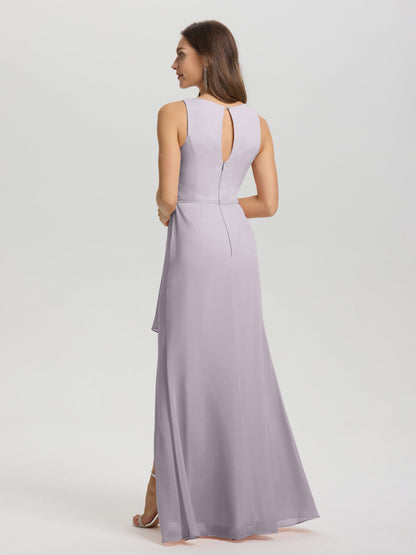 Boat Neck Sleeveless Ruffles Key Hole Back Chiffon Bridesmaid Dress