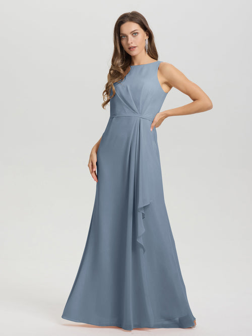 Boat Neck Sleeveless Ruffles Key Hole Back Chiffon Bridesmaid Dress