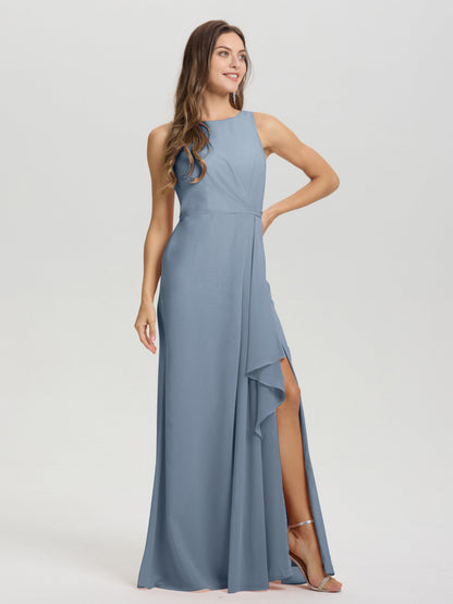 Boat Neck Sleeveless Ruffles Key Hole Back Chiffon Bridesmaid Dress