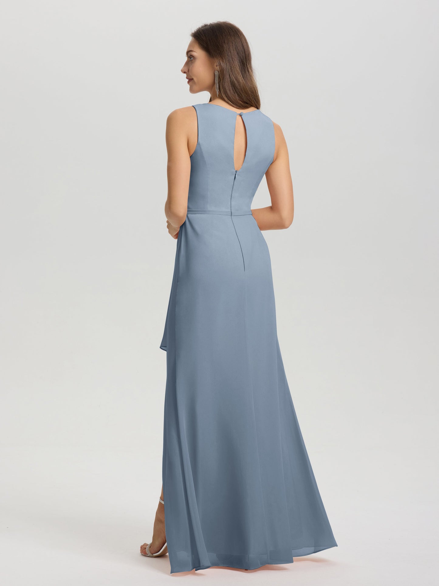 Boat Neck Sleeveless Ruffles Key Hole Back Chiffon Bridesmaid Dress