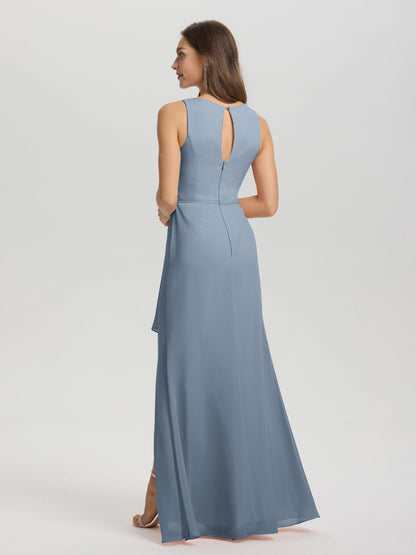 Boat Neck Sleeveless Ruffles Key Hole Back Chiffon Bridesmaid Dress