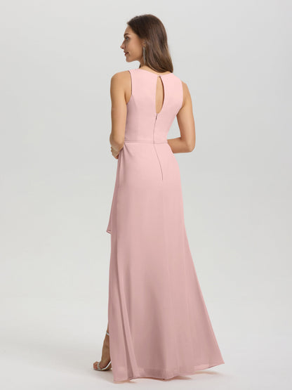 Boat Neck Sleeveless Ruffles Key Hole Back Chiffon Bridesmaid Dress