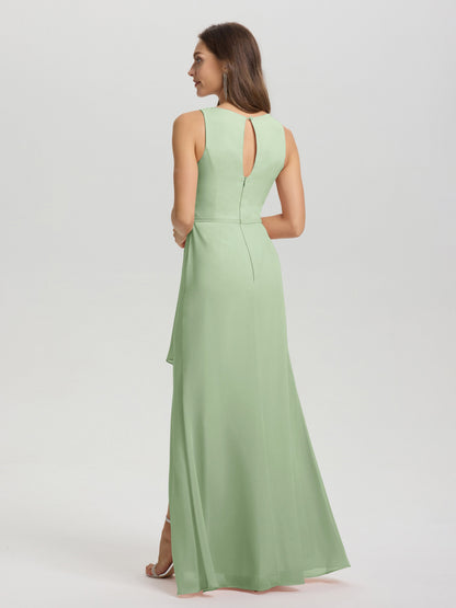 Boat Neck Sleeveless Ruffles Key Hole Back Chiffon Bridesmaid Dress