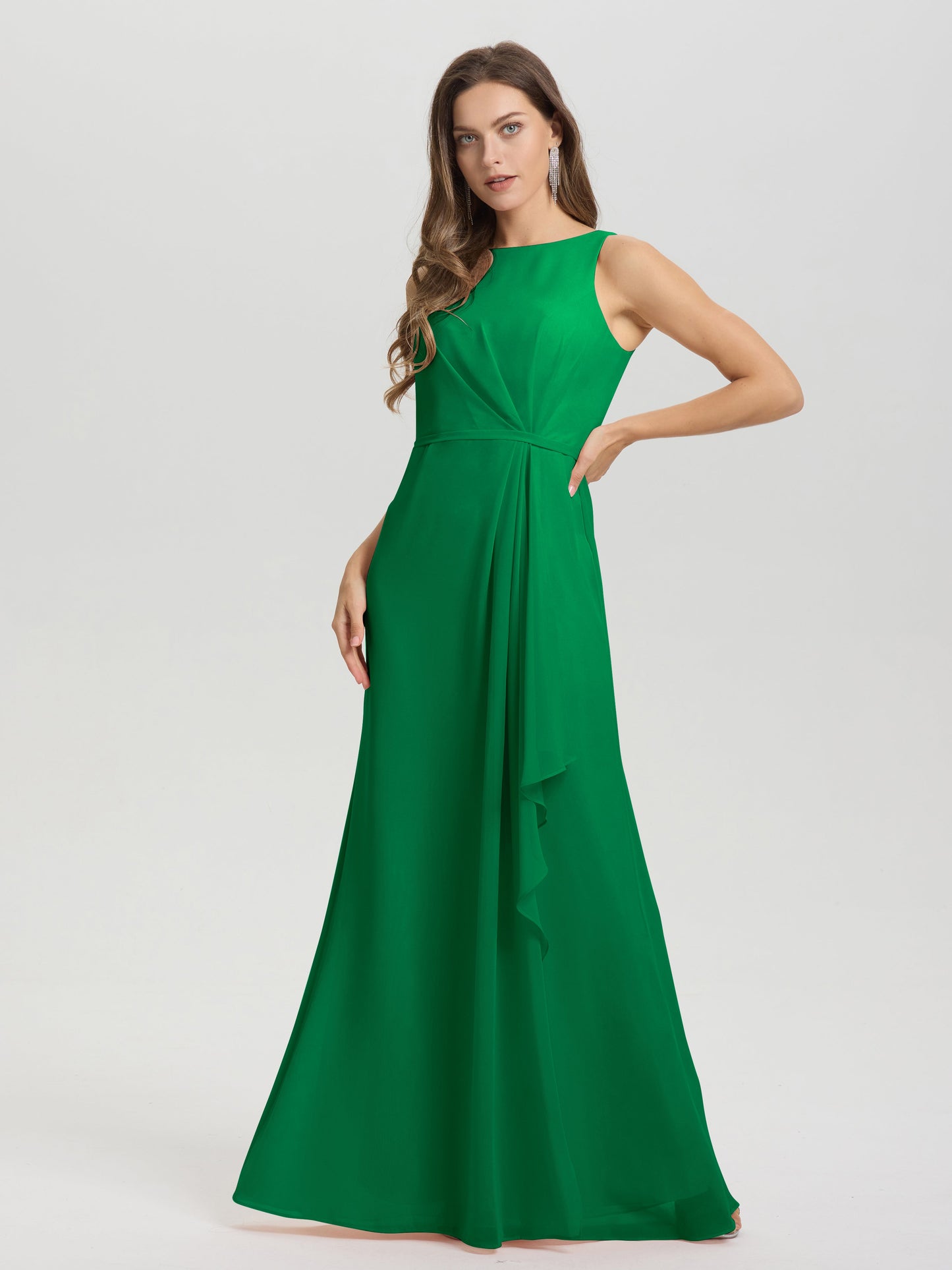 Boat Neck Sleeveless Ruffles Key Hole Back Chiffon Bridesmaid Dress