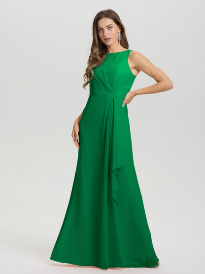 Boat Neck Sleeveless Ruffles Key Hole Back Chiffon Bridesmaid Dress