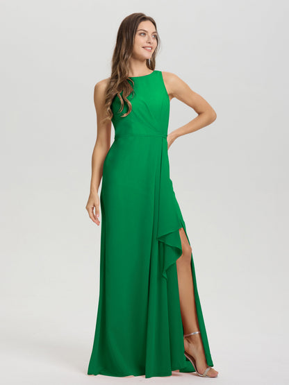 Boat Neck Sleeveless Ruffles Key Hole Back Chiffon Bridesmaid Dress