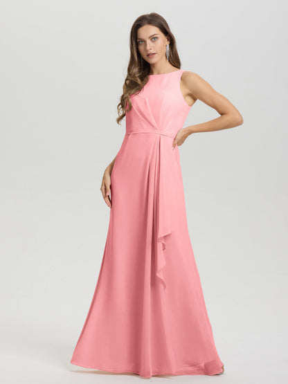 Boat Neck Sleeveless Ruffles Key Hole Back Chiffon Bridesmaid Dress