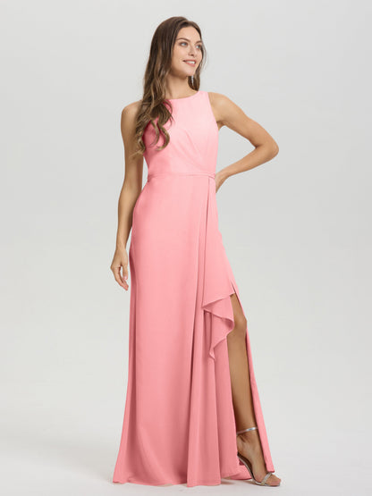 Boat Neck Sleeveless Ruffles Key Hole Back Chiffon Bridesmaid Dress
