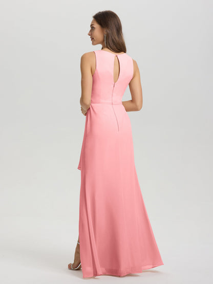 Boat Neck Sleeveless Ruffles Key Hole Back Chiffon Bridesmaid Dress
