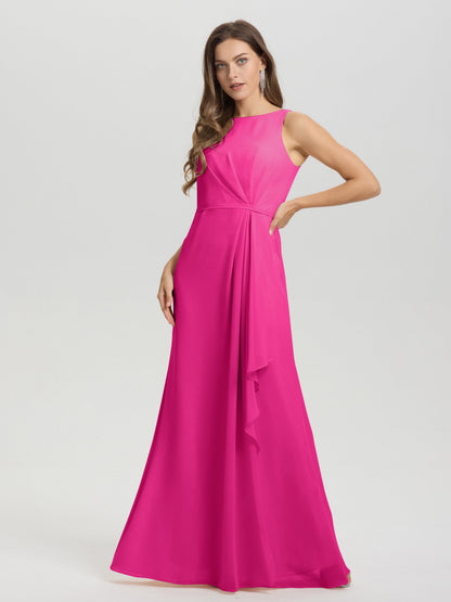 Boat Neck Sleeveless Ruffles Key Hole Back Chiffon Bridesmaid Dress