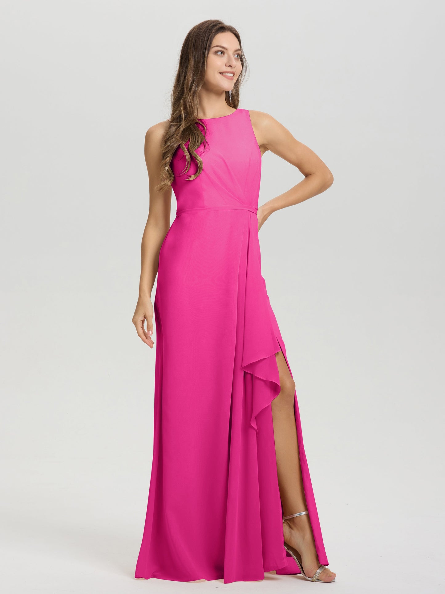 Boat Neck Sleeveless Ruffles Key Hole Back Chiffon Bridesmaid Dress