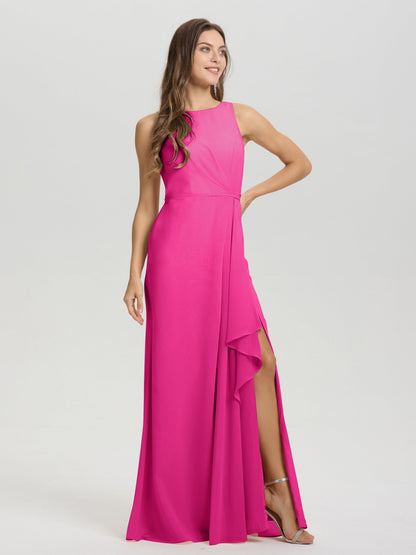 Boat Neck Sleeveless Ruffles Key Hole Back Chiffon Bridesmaid Dress