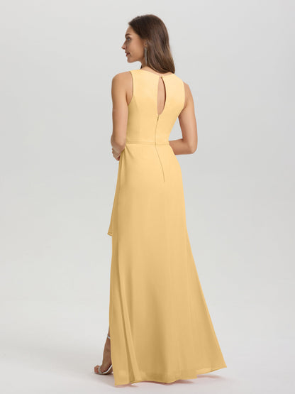 Boat Neck Sleeveless Ruffles Key Hole Back Chiffon Bridesmaid Dress