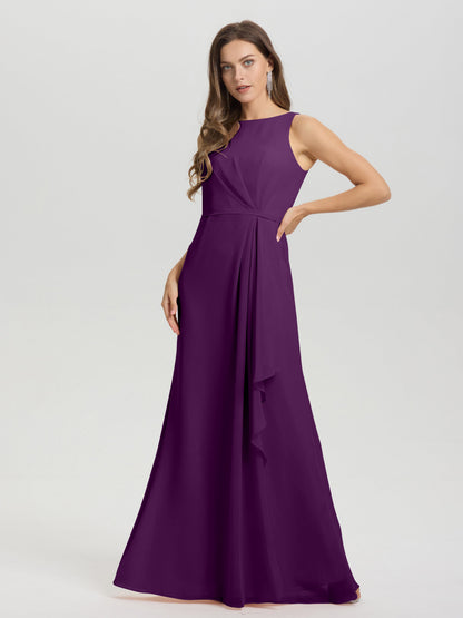 Boat Neck Sleeveless Ruffles Key Hole Back Chiffon Bridesmaid Dress