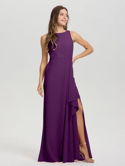 Boat Neck Sleeveless Ruffles Key Hole Back Chiffon Bridesmaid Dress