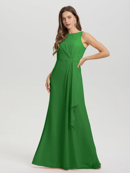 Boat Neck Sleeveless Ruffles Key Hole Back Chiffon Bridesmaid Dress