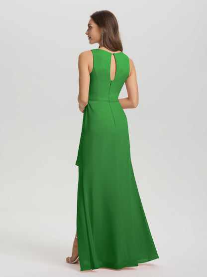 Boat Neck Sleeveless Ruffles Key Hole Back Chiffon Bridesmaid Dress